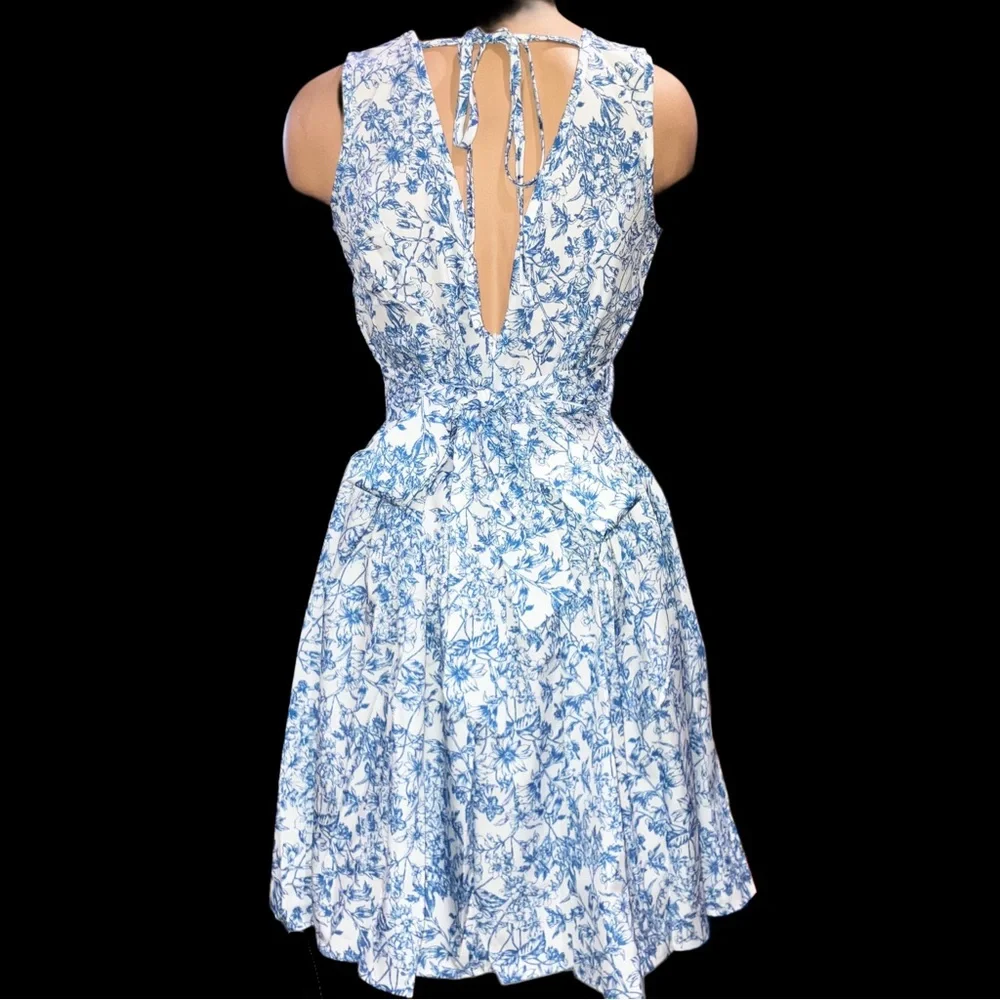 SHEIN Blue Floral Skater Dress Open Back Bow Tie Mini Dress - Picture 10 of 13
